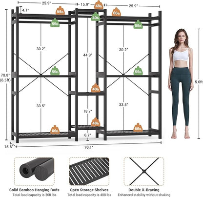 Homykic Bamboo Closet System, Large Clothing Rack for Hanging Clothes, Freestanding Clothes Rack with 7 Shelves & 5 Hanging Rods, Open Wardrobe Closet Organizer Garment Rack with 4 Hooks, Dark Black