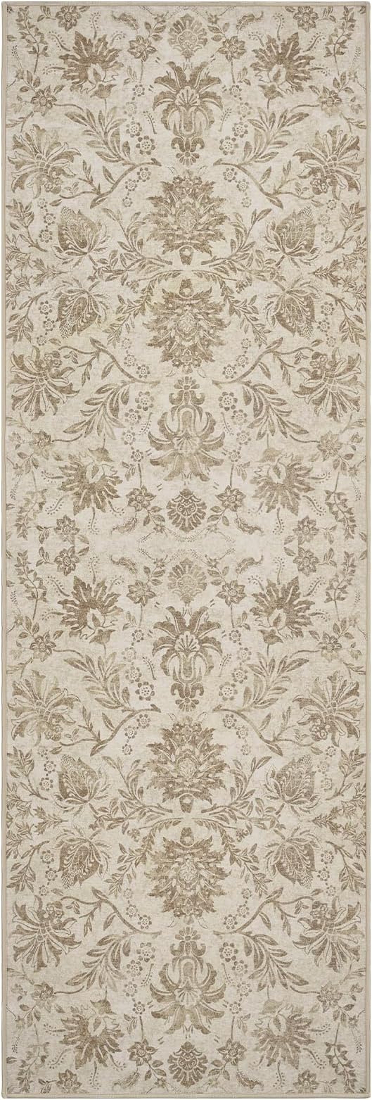 jinchan Runner Rugs 3x10, Vintage-Inspired Floral Neutral Design Machine Washable Non-Slip Ultra-Thin Low-Pile Rubber Backing Traditional Rug for Kitchen Hallway Laundry Room Entryway Taupe