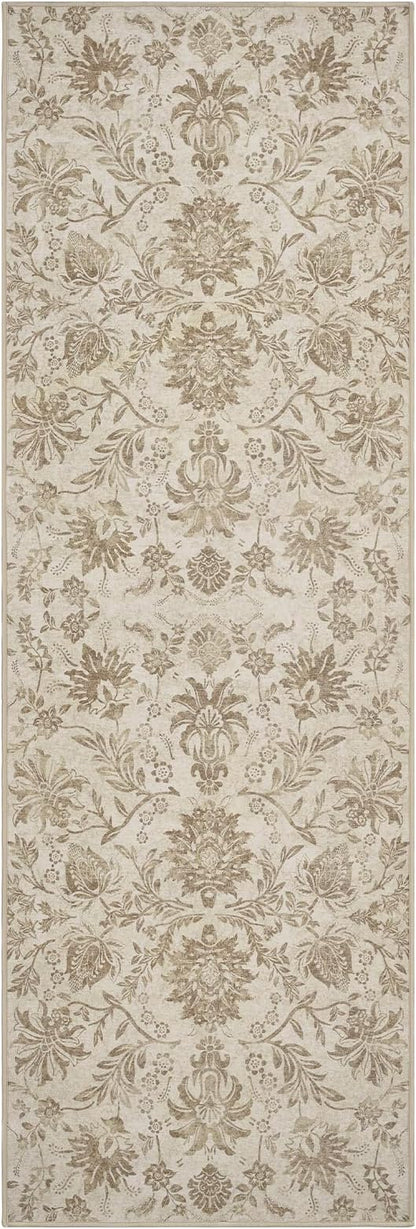 jinchan Runner Rugs 3x8, Vintage-Inspired Floral Neutral Design Machine Washable Non-Slip Ultra-Thin Low-Pile Rubber Backing Traditional Rug for Kitchen Hallway Laundry Room Entryway Taupe