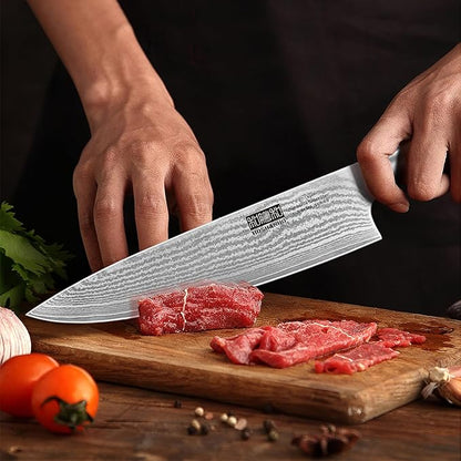 5 Pieces Kitchen Knife Sets, Ultra Sharp Professional Damascus Super Steel Chef Knives Sets with Ergonomic Olive Wood Handle, Including Chef, Bread, Santoku, Utility & Paring Knives