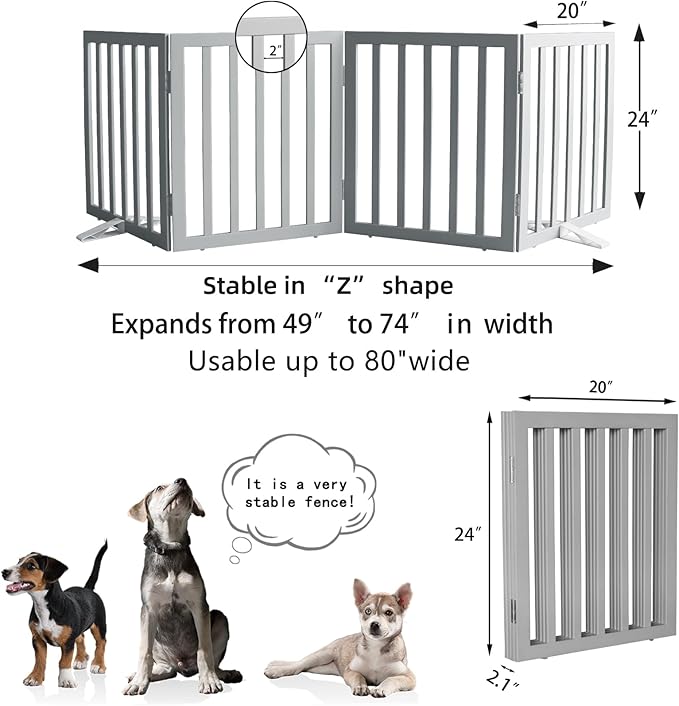 Dog Gate Indoor, Freestanding Dog Fence for The House, Doorways, Hallways,or Stairs,Pet Gate Foldable Wooden,Expandable 24" Height 4 Panels,Grey