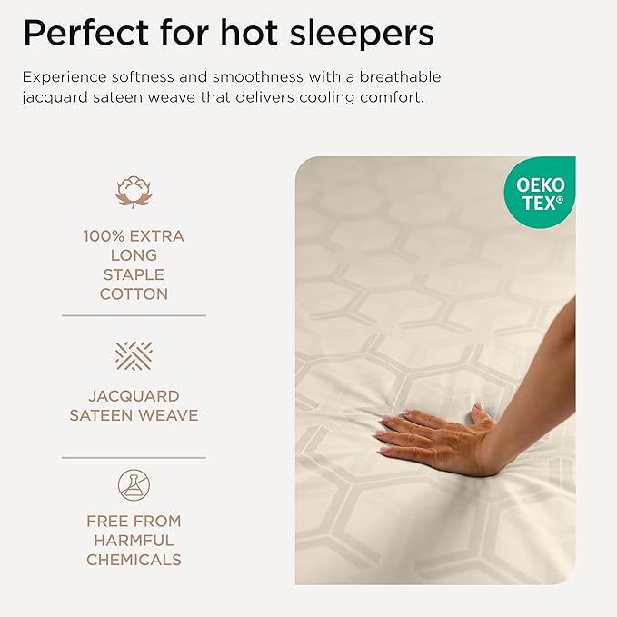 Threadmill 100% Cotton Sheets for Full Size Bed - 600 Thread Count Full Bed Sheets Set with 16” Deep Pocket - Jacquard Sateen Weave 4-Piece Bedding Set with Cooling Effect, Beige