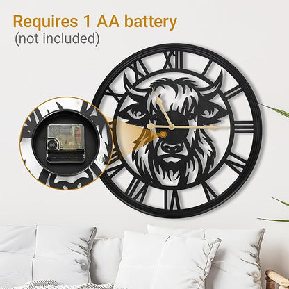 20inch Wall Clock,Large Wall Clocks for Living Room Decor,Farmhouse Black Metal Decorative Wall Clock,Wall Clocks Battery Operated for Bedroom,Kitchen(Highland Bull Wall Clock, 20 Inch)