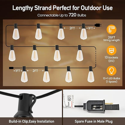 Outdoor String Lights 26 FT 14 Shatterproof LED Bulbs, UL Certified Patio Lights Outdoor Light Strings Waterproof for Patio Yard Outside Party Wedding, Connectable Dimmable 13 Sockets 2700K