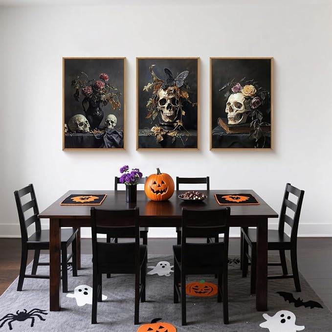 Large Vintage Skull Halloween Floral Framed Canvas Wall Art Set, Abstract Skeleton Butterfly Wall Decor,Moody Dark Rose Artwork for Living Room,Bedroom,Dining Room,Office -24"x36"x3
