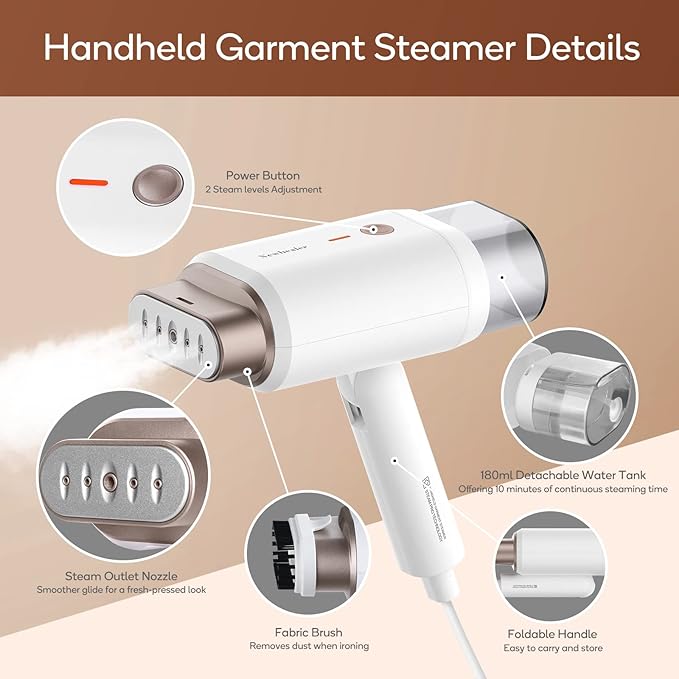 Newbealer Steamer for Clothes, 1200W Travel Steamer with Horizontal & Vertical Steaming, 2 Steam Levels, Dry Ironing, Foldable, 1.5lbs Lightly, 180ml Handheld Fabric Wrinkle Remover (120V Only)