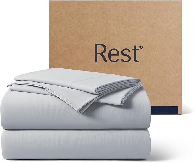 REST® Evercool®+ Cooling Sheet Set, King Size, Light Gray, Breathable Bed Sheets for Hot Sleeper and Night Sweats, with Pillowcases, with Ionic+ Self-Cleaning Silver Yarn for Sensitive Skin, 4PCS