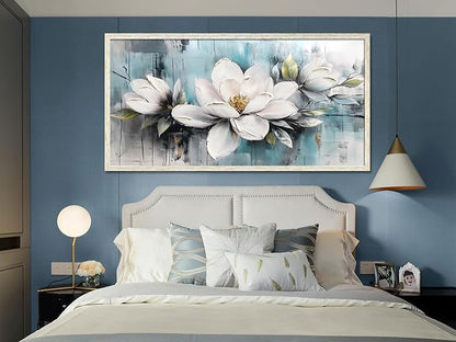 Ardemy Magnolia Wall Art Framed Large Canvas Wall Decor Living Room, White Floral Pictures Wall Decor Teal Paintings FlowerTextured Artwork for Bedroom Dining Room Home Office, 58"x29"