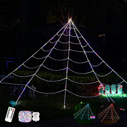 Halloween Spider Web Lights Decor 390 LED with 26m Light Chain, 5m Giant Net Lights with Remote Control (8 Light Modes & Timer) Net Lights Decoration for Outdoor Garden Indoor- Colorful