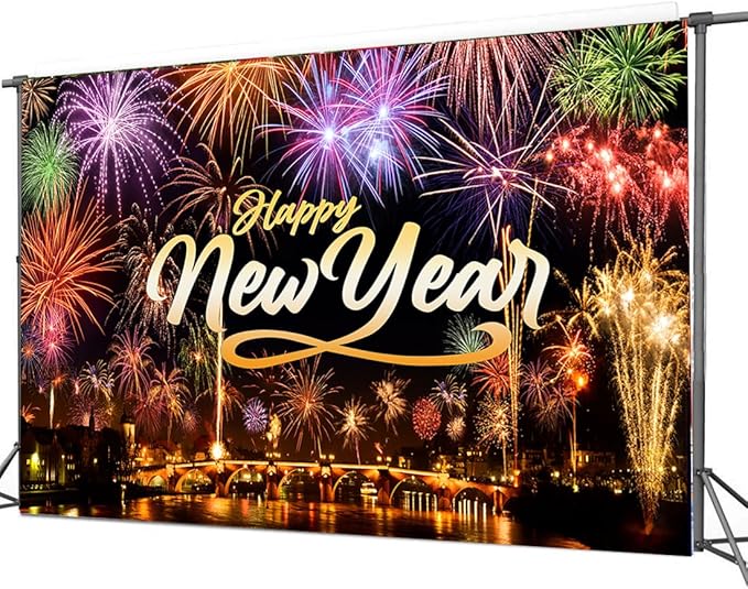 CYLYH 7X5FT Happy New Year Backdrop New Year's Eve Night City Fireworks Show Backdrop New Year Party Decorations
