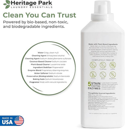 Heritage Park Luxury Laundry Detergent | Dermatologist Tested Plant based Natural & Enzyme Laundry Detergent | Sensitive Skin Friendly - Spring Magnolia (32 fl oz)