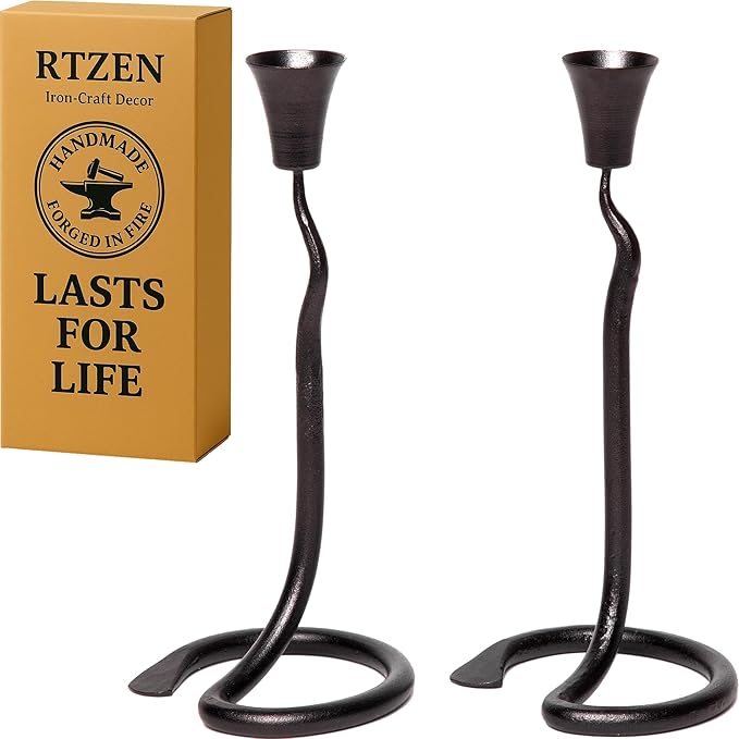 RTZEN Decorative Taper Candle Holders - Modern Wrought Iron Blacksmith Large Farmhouse Candlestick Holders Stand 2 Pack Set - Black Tall Candle Holder for Table Centerpieces at Home or Events