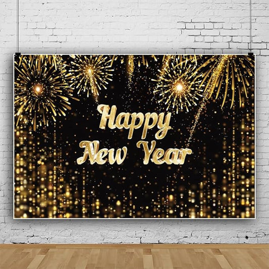 Leowefowa 15x10ft Happy New Year Backdrop Black and Gold 2025 New Year Party Background for Party Gold Firework Glitter Light Spots Festival Eve Party Banner Decor Photography Supplies Prop