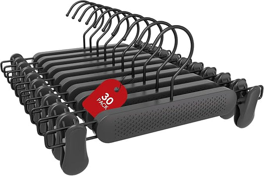 30 Pack Skirt Pant Hangers with Clips for Women, Kids, Baby, Children, Toddler, Frosted Embossing Adjustable Heavy Duty Shorts Hanger with 360° Swivel Hook (Black)