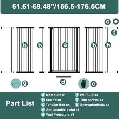 40.55" Tall 1.37" Ultra Narrow Spacing Dogs Pets Baby Gate for Doorway Safety Proof Indoor 61.61-69.48" Extra Wide Puppy Pressure Mounted No Drill Walk Through Black Metal Hallway