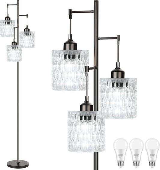 Black Floor Lamp for Living Room Bedroom,Mid Century Modern Floor Lamps with Transparent Glass Shades,3 Lights Vintage Tree Floor Lamps for Corner Office,68IN Tall Standing Lamp Bulbs Included