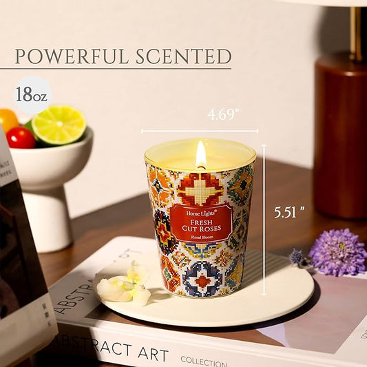 HomeLights Large jar Candle | 1-Wick Long-Lasting Scented Candles, 6.7oz Natural Soy Wax Candle for Home Scented, Bohemian Natural Textures Gifts for Women & Men, Fresh Cut Roses