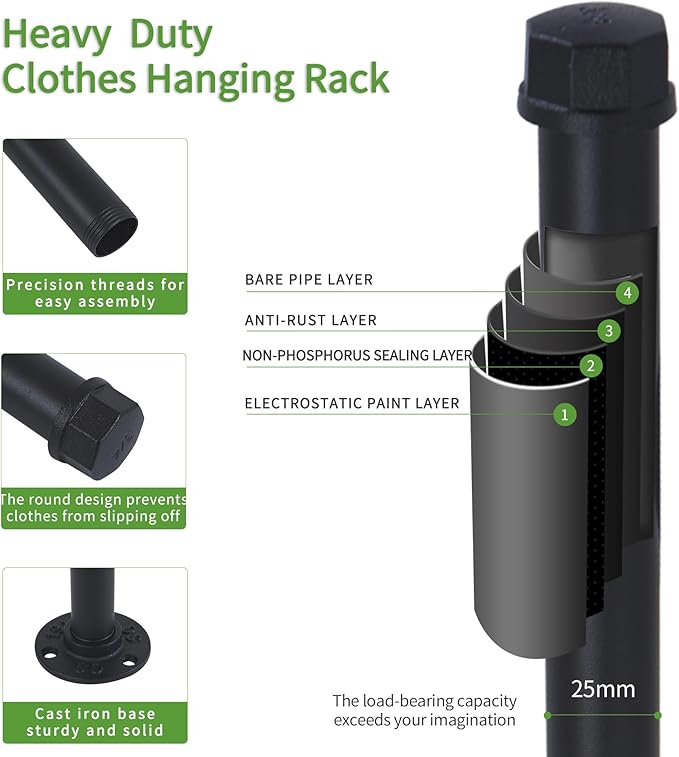 Heavy Duty Metal Clothing Hanging Rack 10 Inches Industrial Pipe Clothes Hanger Rack Wall Mounted Clothes Hanger Bar Small Closet Clothes Rods (2 Pack)