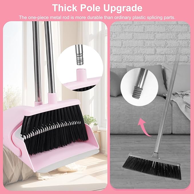 Broom and Dustpan Set, Broom with Dustpan Combo Set for Home 54-in Long Adjustable Handle Dustpan Teeth to Clean Hair for Home Office Kitchen Lobby(Pink)