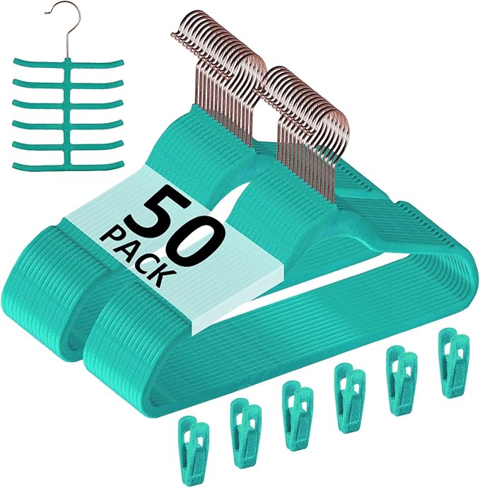 VECELO Premium Velvet Clothes Hangers Suit Heavy Duty (50 Pack)-Non Slip & Space-Saving with 6 Finger Clips & 2Tie Rack Excellent for Men and Women,Light Teal