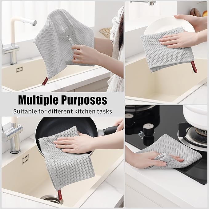 Kitinjoy 100% Cotton Kitchen Towels and Dishcloths Set, 8 Pack Waffle Weave Dish Towels Ultra Soft Absorbent Quick Drying Dish Rags, 13 x 28 Inch and 12 X 12 Inch, Light Grey