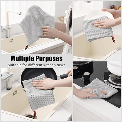 Kitinjoy 100% Cotton Kitchen Towels and Dishcloths Set, 12 Pack Waffle Weave Dish Towels Ultra Soft Absorbent Quick Drying Dish Rags, 13 x 28 Inch and 12 X 12 Inch, Light Grey