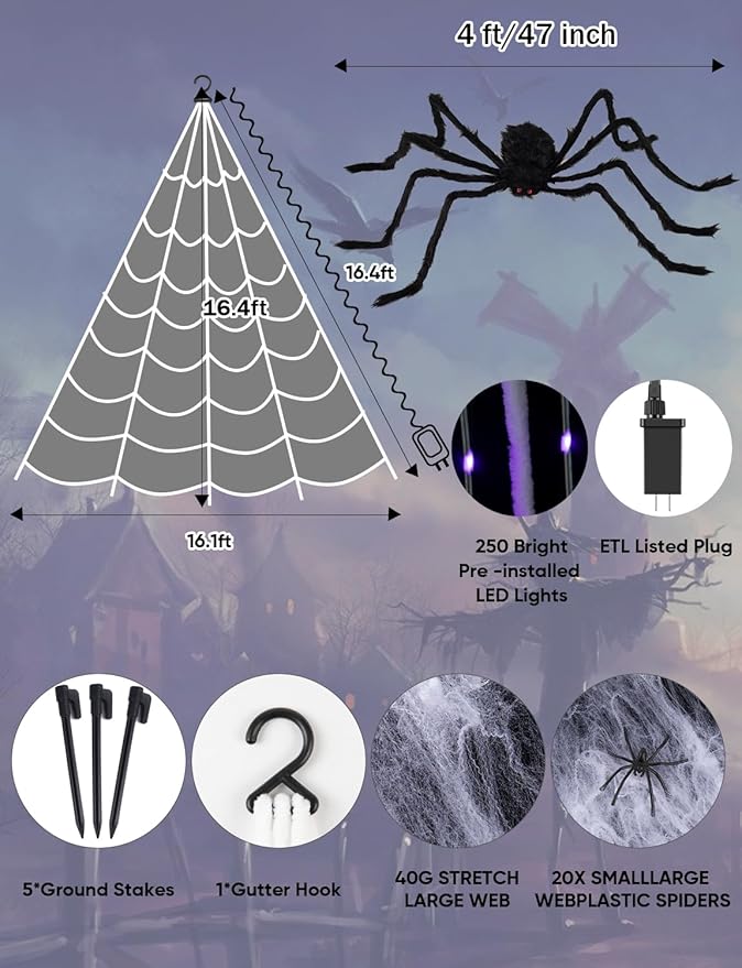 Giant Spider Webs Halloween Decorations - 250 LEDs Outdoor Halloween Decor Lights,16.4FT Net, 4Ft Light-up Spider, 8 Modes,Waterproof & Timer for Yard Porch Garden,Outside Costumes Party (with Spider)