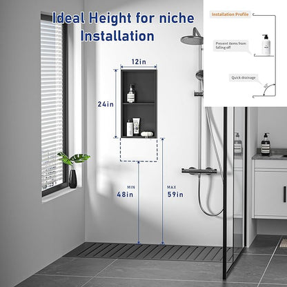 Stainless Steel Shower Niche 24" X 12" Matte Black No Tile Needed Niche Shower with Double Shelves Recessed Wall Niches for Bathroom Space Saving Over Mount Installation