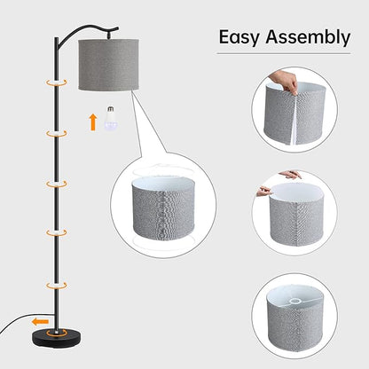 Floor Lamp for Living Room,LED Arched Stand Lamp,Tall Modern Standing Lamp with Linen Shade,E26 Socket, Footswitch, Mid Century Floor Lamps for Bedrooms,Office,Gray Double-Layer lampshade