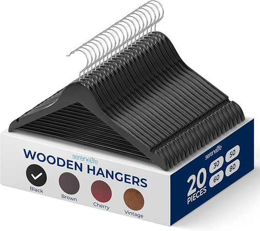 SereneLife 20-Pack Premium Wooden Hangers for Suits, Coats, Dresses & More – Heavy-Duty Black Wood Hanger Set with 360° Swivel Chrome Hook, Non-Slip Notches & Pants Bar – Space-Saving Closet Organizer