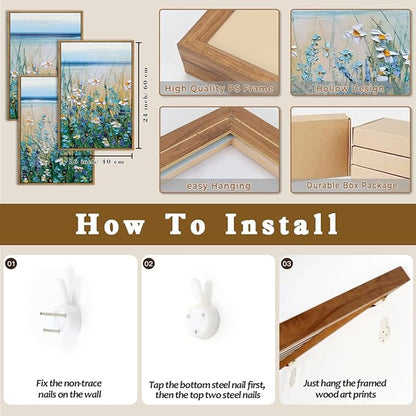 Blue Seaside Cyan Floral Wall Decor Wildflower Canvas Painting Framed Floral Prints Decor for Living Room Bedroom 16x24 Inch Set of 3