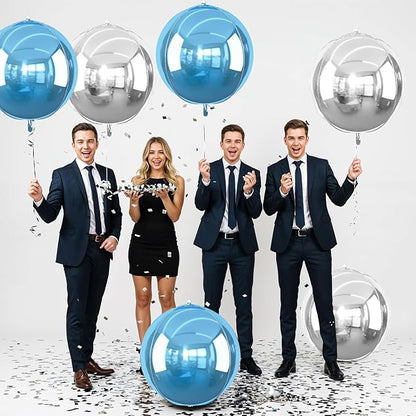 6Pcs Blue Silver Round Foil Balloons, 22inch 4D Metallic Silver Blue Balloons, Large Round Foil Ball Balloon for Boys Men Birthday Graduation Wedding Anniversary Party Backdrop Decoration