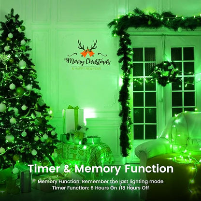 2 Pack Halloween String Lights Battery Operated with Timer, 66FT 200 LED Waterproof Battery Fairy Lights, 8 Modes Twinkle Light for Indoor & Outdoor Party Bedroom Garland Tree Christmas Decor (Green)