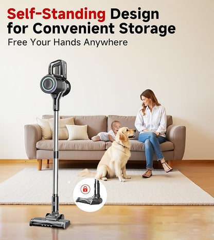 Cordless Vacuum Cleaner, 500W/35Kpa Self-Standing Lightweight Stick Vacuum with Green Light, 45Mins Runtime Vacuum Cleaners for Home, Anti-Tangle Vacuum for Pet Hair Hardwood Floor Carpet, Grey
