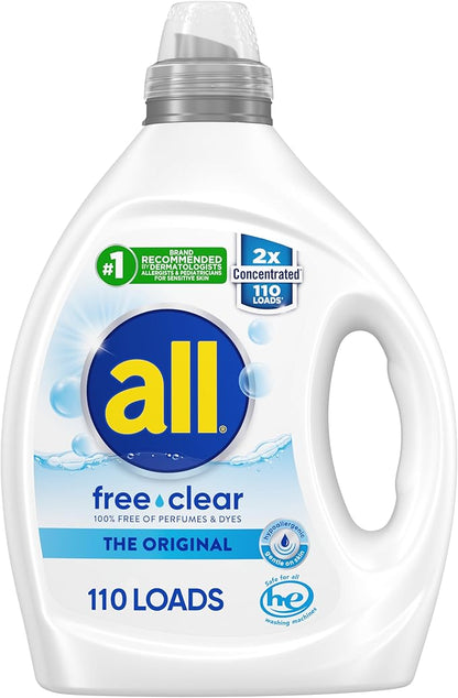 all free clear, Original, Liquid Laundry Detergent for Sensitive Skin, Unscented and Hypoallergenic, Concentrated, 82.5oz, 110 Loads