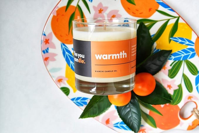 Warmth, Inspirational 8oz Highly-Scented Soy Candle, Made in USA, Great Message, Pure Essential Oils, Aromatherapy, 100% Pure, Buttered Rum & Tangerine