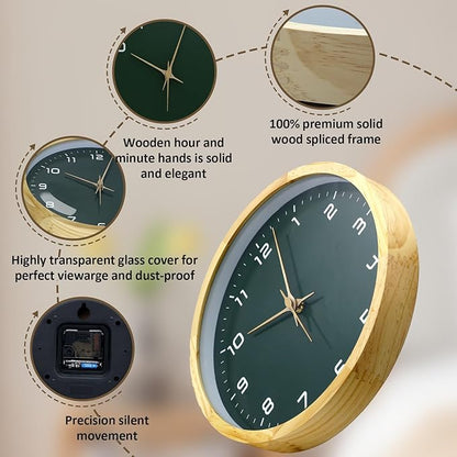 MEIRED Wooden Wall Clock 12 Inch Silent Non Ticking Wall Clocks Battery Operated Wood Analog Retro Round Clock Decorative for Kitchen,Home,Living Room,Classroom, Log Green