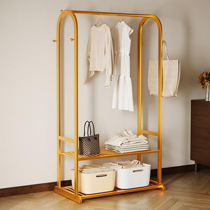 Sturdy heavy duty clothes rack,gold clothing rack with bottom shelves and 6 side hooks,Metal garment rack for hanging clothes for Bedroom