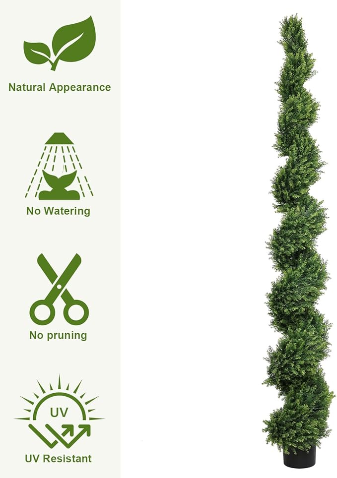 THE BLOOM TIMES 7ft Spiral Artificial Topiary Trees Set of 2, 82 inch Faux Cedar Trees for Outdoor Planters - Fake Twist Cypress Plants for Garden Front Porch Indoor Outside Christmas Decor 7 Foot