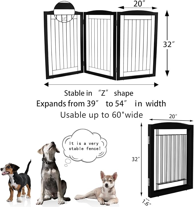 ZJSF Freestanding Foldable Dog Gate for House Extra Wide Wooden Black Puppy Gate Stairs Dog Gates Doorways Tall Pet Gate 3 Panels Pet Fence