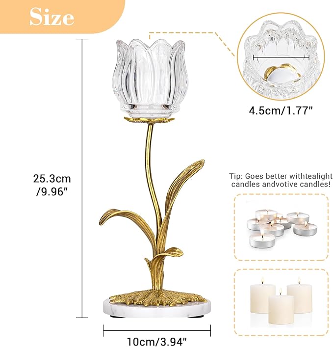 Candle Holder, Cut Rose Shaped Brass Candle Holder High-end Light Luxury Creative Art Crystal Glass Flower Candle Sticks Holder Decor Marble Disc Base Romantic Ambiance Table Decoration