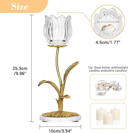 Candle Holder, Cut Rose Shaped Brass Candle Holder High-end Light Luxury Creative Art Crystal Glass Flower Candle Sticks Holder Decor Marble Disc Base Romantic Ambiance Table Decoration