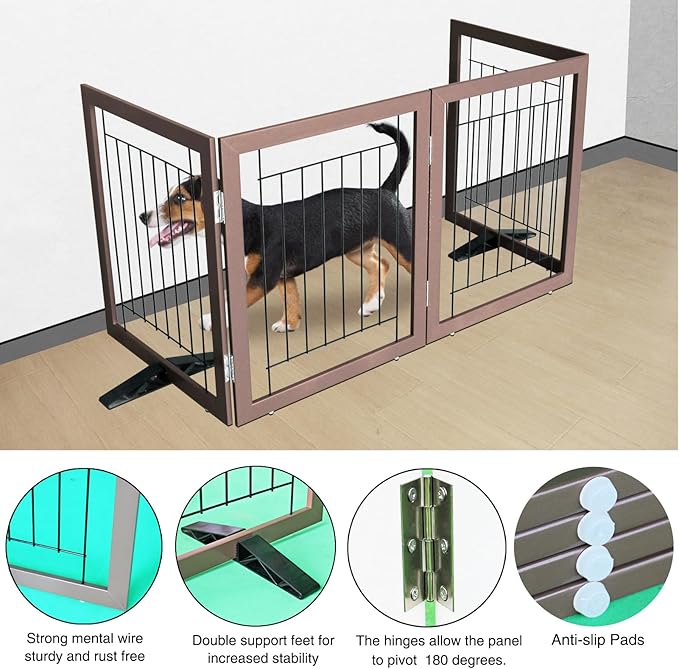 ZJSF Freestanding Dog Gate Indoor, Foldable Dog Fence for Doorways,Hallways or Stairs, Sturdy Wood Extra Wide Pet Gate with Support Feet,Brown,24 "Height-4 Panels