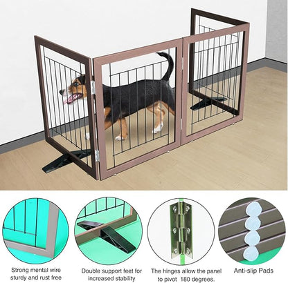 ZJSF Freestanding Dog Gate Indoor, Foldable Dog Fence for Doorways,Hallways or Stairs, Sturdy Wood Extra Wide Pet Gate with Support Feet,Brown,24 "Height-4 Panels