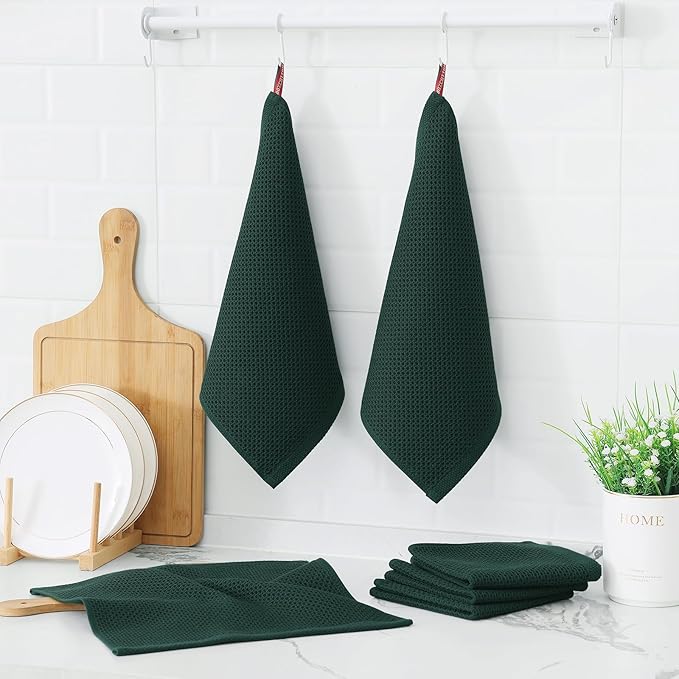 Kitinjoy 100% Cotton Kitchen Dish Cloths, 6 Pack Waffle Weave Ultra Soft Absorbent Dish Towels for Drying Dishes Quick Drying Kitchen Towels Dish Rags, 12 X 12 Inches, Blackish Green