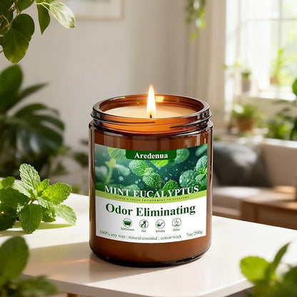 Mint Eucalyptus Odor Eliminating Candles | Eliminates 95% of Pet, Smoke & Bathroom Odors – 7 oz Hand Poured Non-Toxic Soy Candle - Air Freshing Scented Candles - Stress Relief Gifts for Women Men