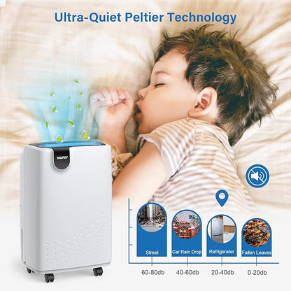 Yaufey 2500 Sq. Ft Home Dehumidifier for Medium to Large Rooms and Basements with Auto or Manual Drainage, 0.48 Gallon Water Tank Capacity - Low Noise and 24 Hr Timer