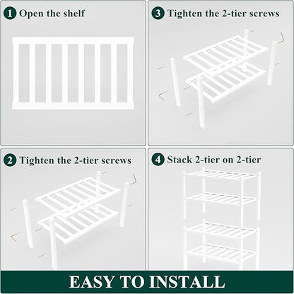 Smiry Bamboo Shoe Rack for Closet, 4 Tier Small Wooden Stackable Shoe Organizer, Free Standing Shoes Storage Shelf for Entryway, Front Door Entrance, White