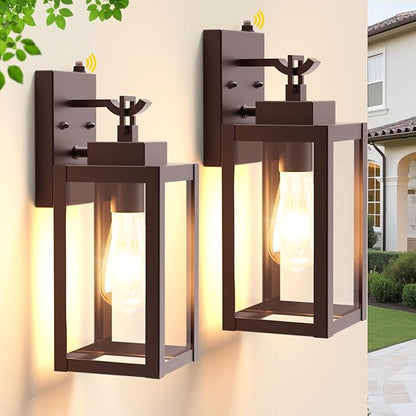 2-Pack Dusk to Dawn Porch Light, Farmhouse Brown Outdoor Lights Wall Mount, Waterproof Anti-Rust Wall Sconces for House, Yard, Entryway, Garage, 100-120Vac