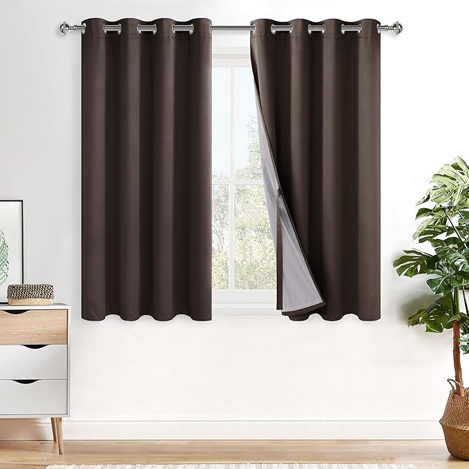 XWZO 100% Blackout Window Curtains - Thermal Insulated & Completely Room Darkening Black Liner Window Treatment with Tiebacks for Bedroom/Living Room, Brown, W52 x L45, Set of 2 Panels